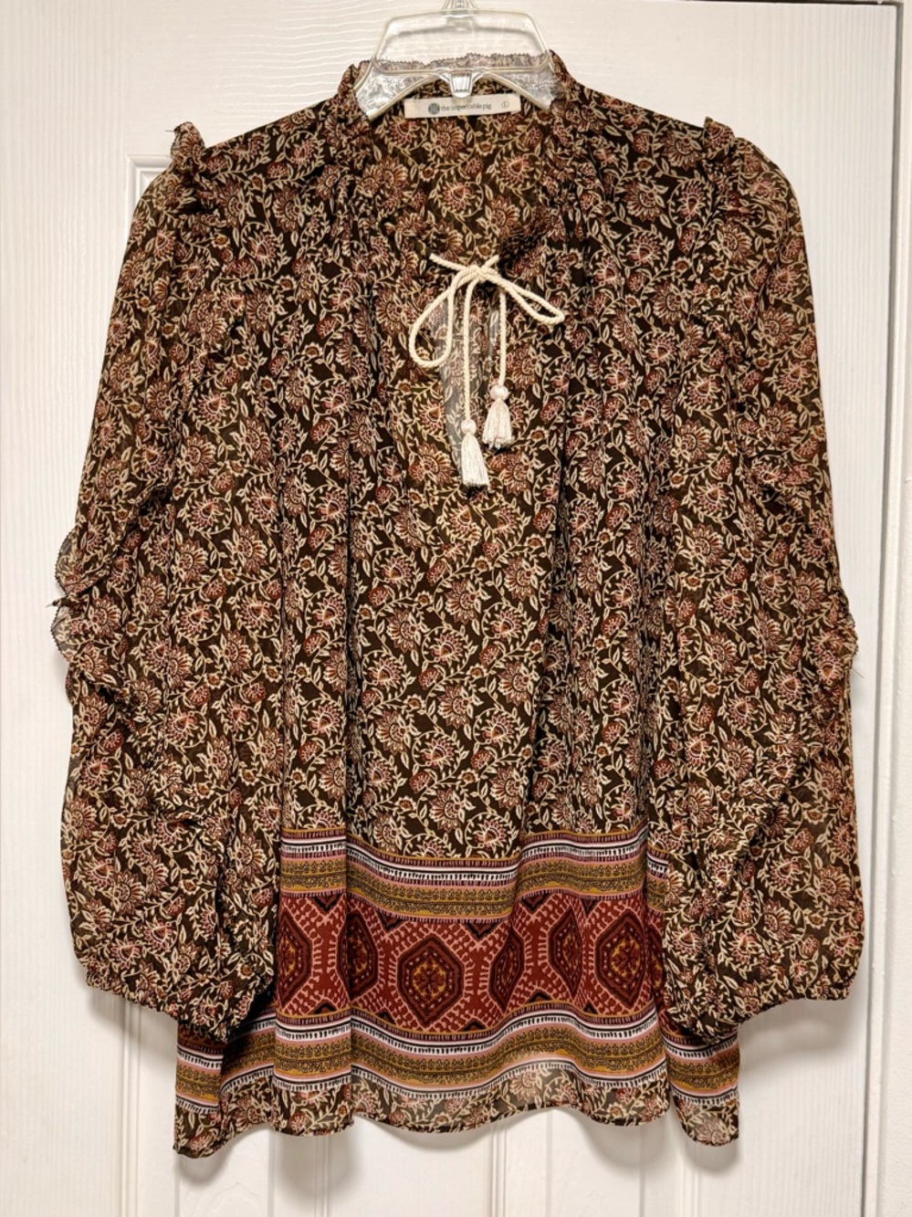 The Impeccable Pig Brown Floral Boho Peasant Blouse with Tassel Detail